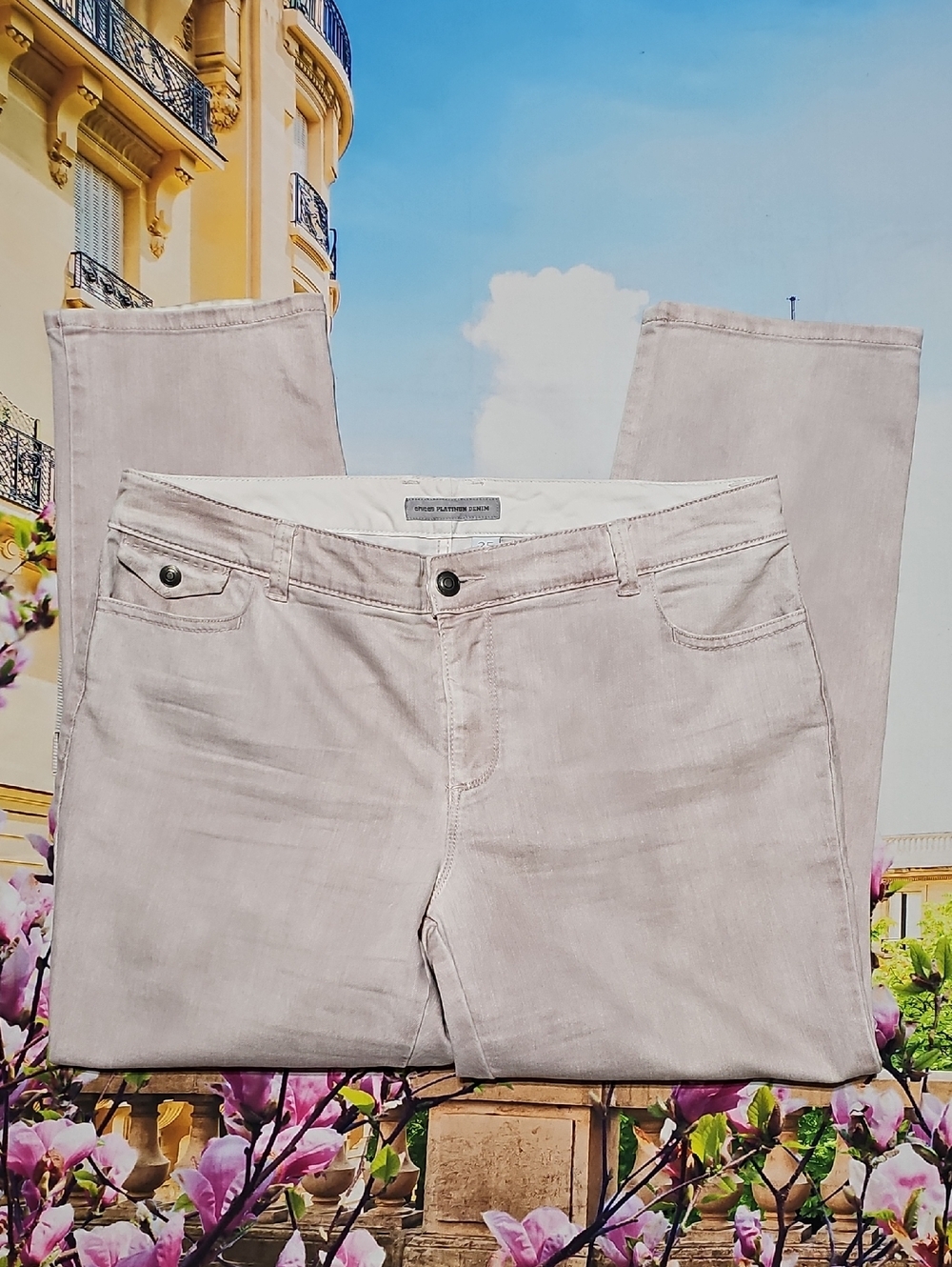 Chico's Platinum Denim Pale Pink High Waist Jeans Size 14